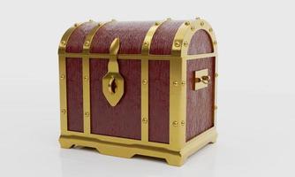 Treasure chest or retro treasure box Made with red painted wood and gold metal. Placed on white floor and background. 3D Rendering. photo