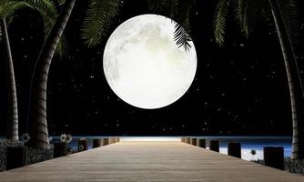noche de luna llena, muchas estrellas llenan el cielo. un puente de madera se extiende hasta el mar o el muelle, con cocoteros en el camino. escena romántica junto al mar en un puente de madera de luna llena. representación 3d