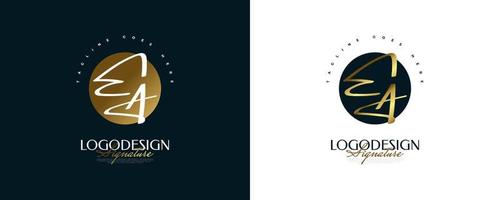 e inicial y un diseño de logotipo en elegante estilo de escritura a mano dorada. logotipo o símbolo de la firma ea para bodas, moda, joyería, boutique e identidad empresarial vector