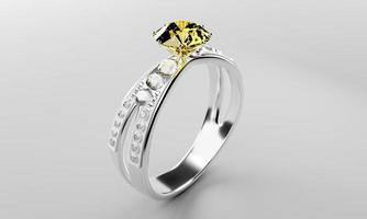 el gran diamante amarillo está rodeado de muchos diamantes en el anillo de oro platino colocado sobre un fondo gris. Elegante anillo de bodas con diamantes para mujer. representación 3d