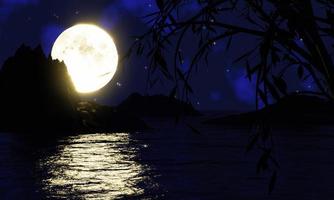 la luna llena de color amarillo dorado se refleja en el mar. la sombra de la isla en el océano el cielo tiene muchas estrellas. ondas en el mar por la noche. representación 3d foto