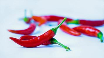 Red hot chilli peppers on white background. Close up. A backdrop of Red hot chilli peppers. photo