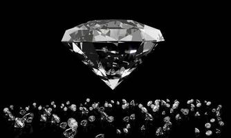 diamantes sobre fondo negro con reflejo en la superficie. representación 3d foto