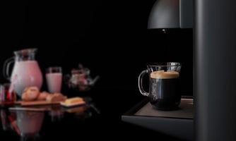 la máquina de espresso está sirviendo café en un vaso transparente. el desayuno borroso en el fondo tiene pan, mermelada de fresa, mantequilla y leche fresca en frascos transparentes. representación 3d