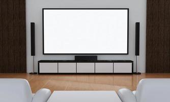 cine en casa en la pared de yeso blanco. Tv de pantalla grande y equipo de audio para mini cine en casa. sofá blanco y mesa sobre suelo de madera. representación 3d foto