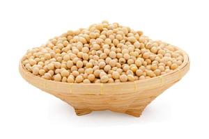 Soybeans in wooden basket isolated on white background with clipping path photo