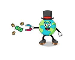 Character Illustration of earth catching money with a magnet vector