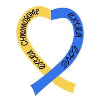 Extra chromosome extra love text with blue yellow ribbon. Support people with trisomy 21. Down syndrome symbol. vector