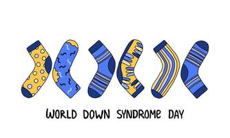 World Down syndrome day card. Three pairs mismatched socks vector illustration.