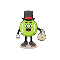 tennis ball mascot illustration rich man holding a money sack vector