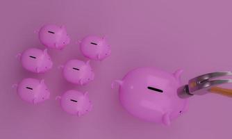 Pink piggy bank Will be smashed with a metal hammer, wooden handle. Pastel pink background. 3D Rendering photo