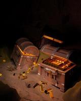 Golden Coins and cube in the Ancient and vintage treasure chest made of wooden panels Reinforced with gold metal gold pins Treasure boxes placed on the sand in a cave or treasure chest underwater. photo