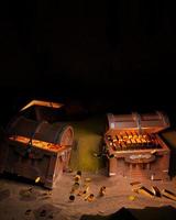 Golden Coins and cube in the Ancient and vintage treasure chest made of wooden panels Reinforced with gold metal gold pins Treasure boxes placed on the sand in a cave or treasure chest underwater. photo