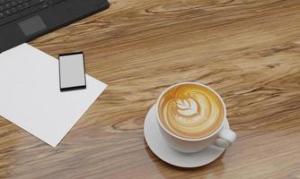 Latte Art coffee in white cup on wooden surface table. Black smartphone blank screen and white sheet on table. Copy space and work desk concept. 3D Rendering. photo