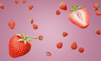 Strawberries are full and many halves are falling from the top. Have pastel pink backgrounds for use as wallpaper or background. 3D Rendering photo