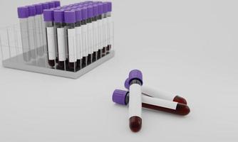 tubos de ensayo con sangre y etiqueta en blanco aislado sobre fondo blanco. concepto para probar el virus de la corona. representación 3d foto