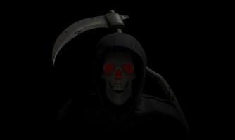The skull of the god of death, a black cloak with a hood. Sickle, metal, long wooden handle, the weapon of the god of death 3D Rendering