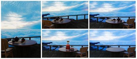 Ceramic tea set and dry tea leave on a wooden table and chair on the balcony or terrace made of wood. Mountain with morning sea of mist and sunshine. Hot tea on the mountain atmosphere. 3D Rendering