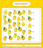 How many counting banana, eggfruit, honeydew melon, lemon, mango.  worksheet for preschool kids, kids activity sheet, printable worksheet vector
