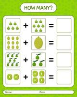 How many counting game with jackfruit, kaffir lime, kiwi, melon. worksheet for preschool kids, kids activity sheet, printable worksheet vector
