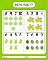 How many counting game kaffir lime, kiwi, melon, olive. worksheet for preschool kids, kids activity sheet, printable worksheet vector