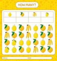 How many counting game banana, eggfruit, honeydew melon, lemon. worksheet for preschool kids, kids activity sheet, printable worksheet vector