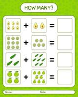 How many counting game with kaffir lime, kiwi, olive. worksheet for preschool kids, kids activity sheet, printable worksheet vector