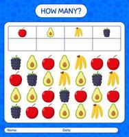 How many counting game with fruit. worksheet for preschool kids, kids activity sheet, printable worksheet vector