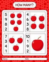 How many counting game with apple. worksheet for preschool kids, kids activity sheet, printable worksheet vector