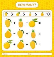 How many counting nance, pineapple, quince, ugli. worksheet for preschool kids, kids activity sheet, printable worksheet vector