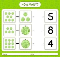 How many counting game with melon worksheet for preschool kids, kids activity sheet, printable worksheet vector