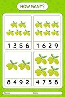 How many counting game with olive worksheet for preschool kids, kids activity sheet, printable worksheet vector