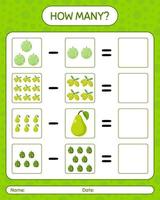 How many counting game pear. melon, watermelon. worksheet for preschool kids, kids activity sheet, printable worksheet vector