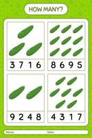 How many counting game with zucchini worksheet for preschool kids, kids activity sheet, printable worksheet vector