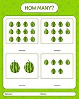 How many counting game with watermelon worksheet for preschool kids, kids activity sheet, printable worksheet vector