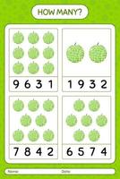 How many counting game with melon worksheet for preschool kids, kids activity sheet, printable worksheet vector