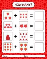 How many counting game redberry, rose apple, strawberry. kiwi, melon. worksheet for preschool kids, kids activity sheet, printable worksheet vector