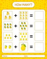 How many counting game banana, eggfruit, honeydew melon. worksheet for preschool kids, kids activity sheet, printable worksheet vector