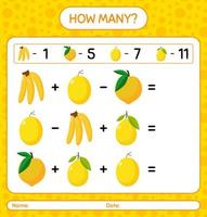 How many counting banana, eggfruit, honeydew melon, lemon. worksheet for preschool kids, kids activity sheet, printable worksheet vector