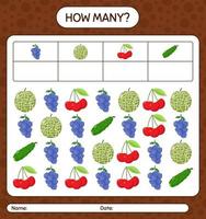 How many counting game with fruit. worksheet for preschool kids, kids activity sheet, printable worksheet vector