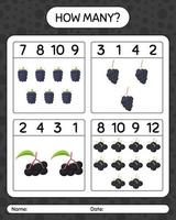 How many counting game blackberry, dewberry, elderberry. worksheet for preschool kids, kids activity sheet, printable worksheet vector