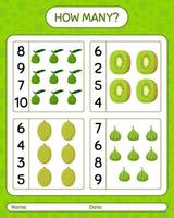 How many counting game kaffir lime, kiwi, melon. worksheet for preschool kids, kids activity sheet, printable worksheet vector