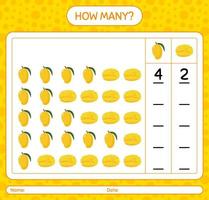 How many counting game with mango worksheet for preschool kids, kids activity sheet, printable worksheet vector