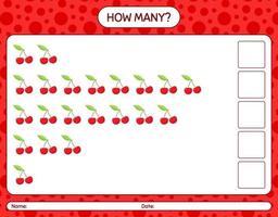 How many counting game with cherry worksheet for preschool kids, kids activity sheet, printable worksheet vector