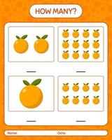 How many counting game with orange worksheet for preschool kids, kids activity sheet, printable worksheet vector