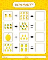 How many counting game with rbanana, eggfruit, honeydew melon. worksheet for preschool kids, kids activity sheet, printable worksheet vector