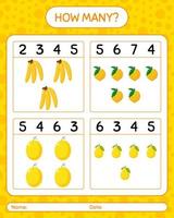 How many counting game banana, eggfruit, honeydew melon. worksheet for preschool kids, kids activity sheet, printable worksheet vector