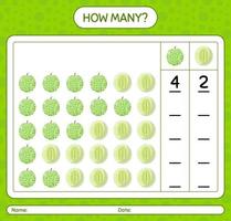 How many counting game with melon worksheet for preschool kids, kids activity sheet, printable worksheet vector