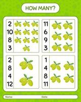 How many counting game with olive. worksheet for preschool kids, kids activity sheet, printable worksheet vector