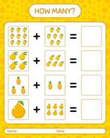 How many counting game reggfruit, honeydew melon, lemon. worksheet for preschool kids, kids activity sheet, printable worksheet vector